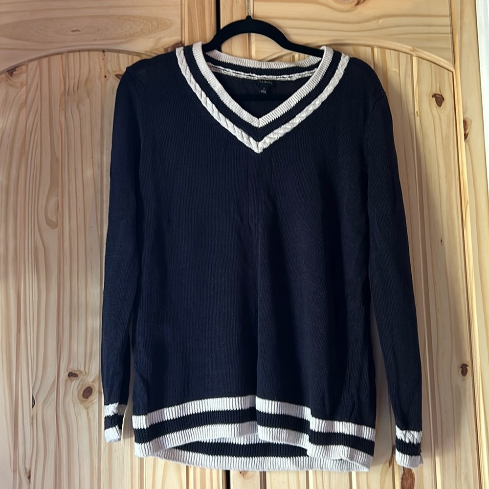 Talbots Linen White and Black V Neck Sweater Size Large